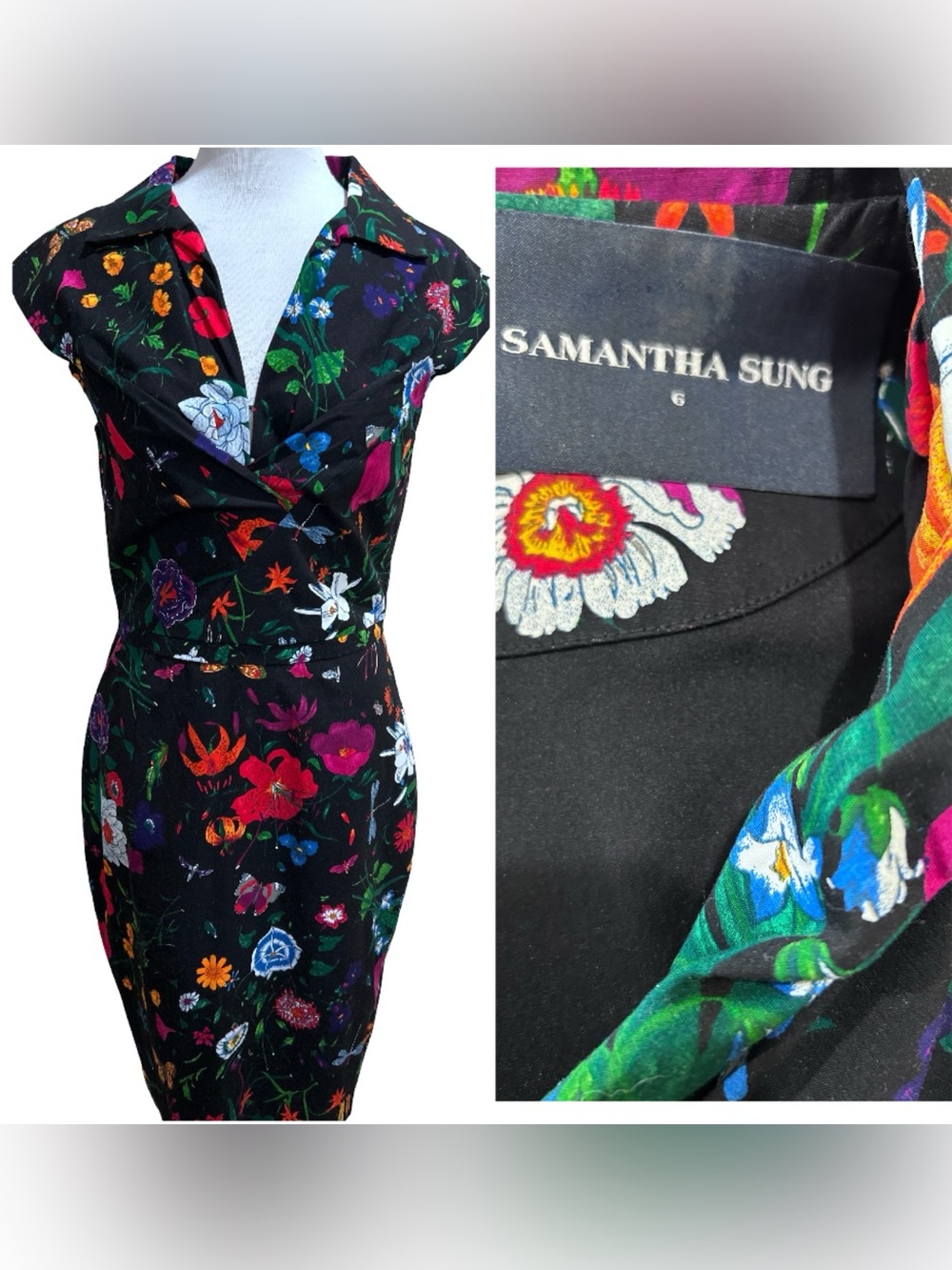Samantha Sung Black Floral Print Sheath Dress Size 6 Collared V-Neck